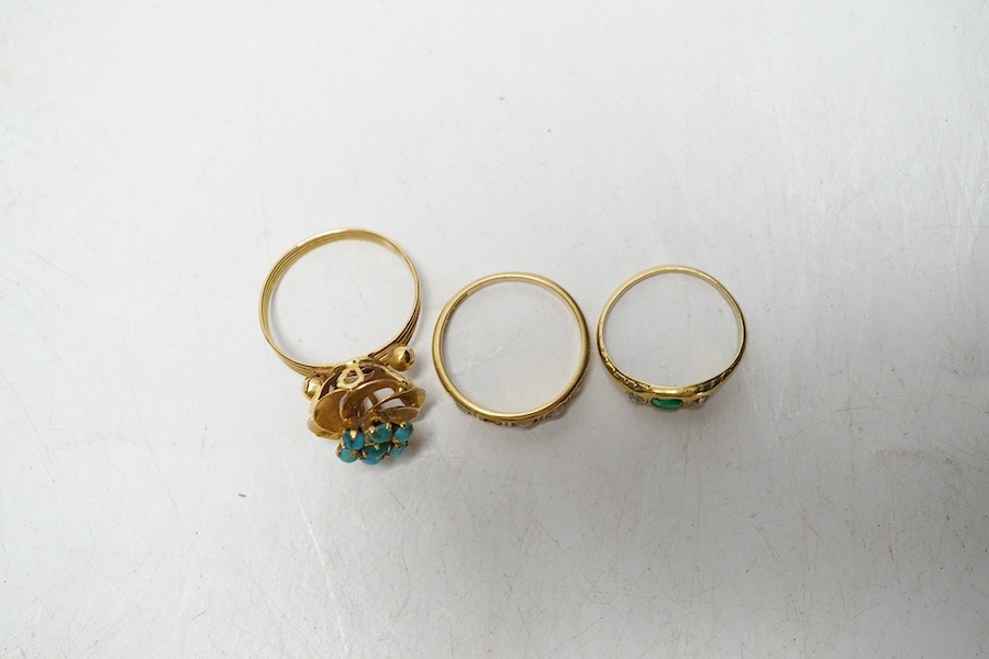 An 18ct gold split pearl set half hoop ring, one stone ring, size L, gross weight 2.8 grams, an unmarked emerald and diamond three stone ring, size H, gross weight 1.6 grams, and a Middle Eastern yellow metal turquoise d